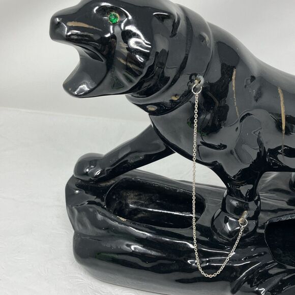 50s Mid Century Ceramic Black Panther Planter with Green Rhinestone Eyes & Chain - Picture 3 of 16